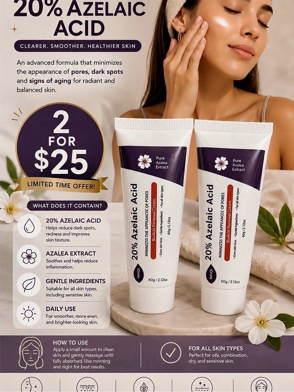 Pure Aura 20% Azelaic Acid 2-Pack Acne Treatment New
